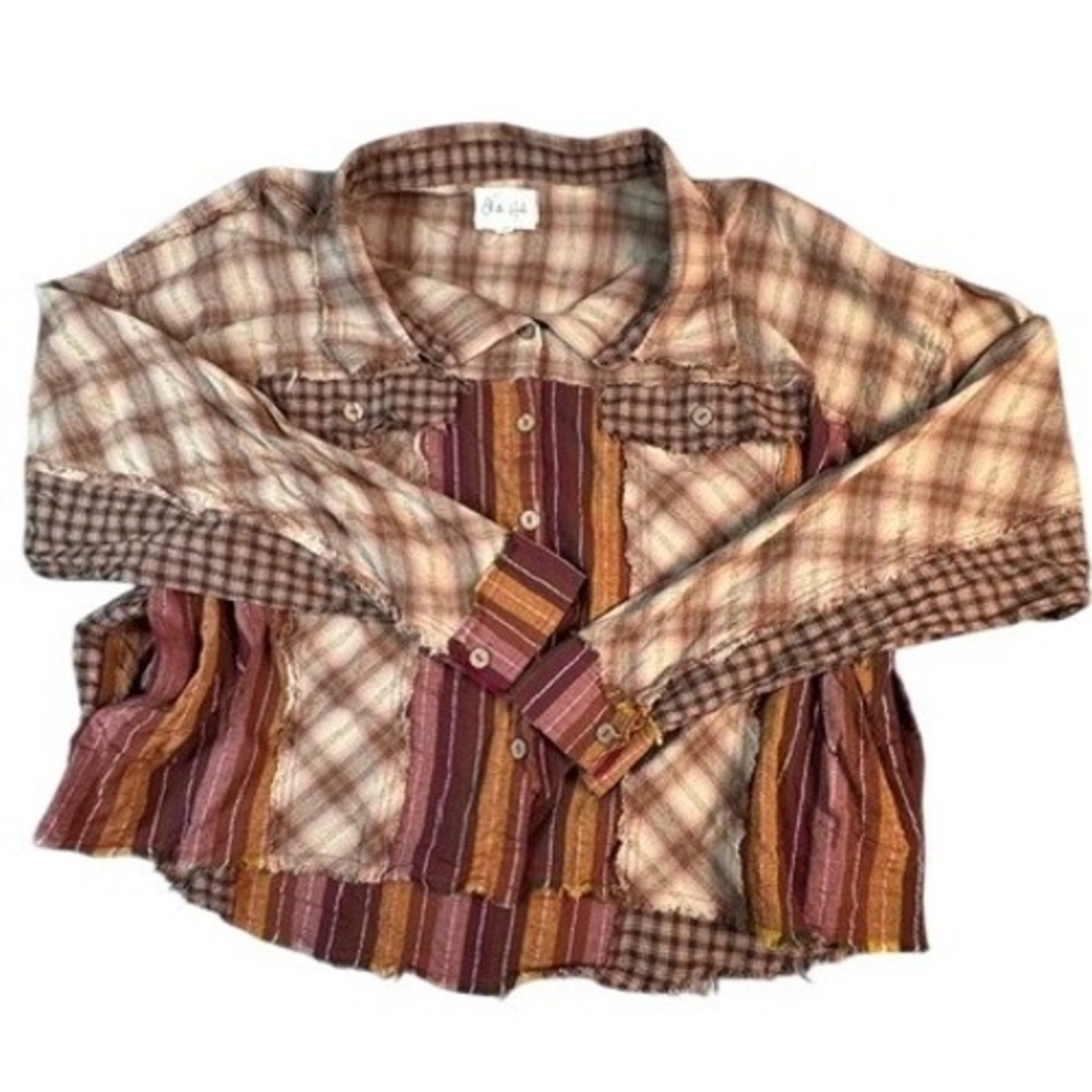 Oli & Hali Plaid Patchwork Distressed Flannel Shirt Shacket Boho Raw Hem XL